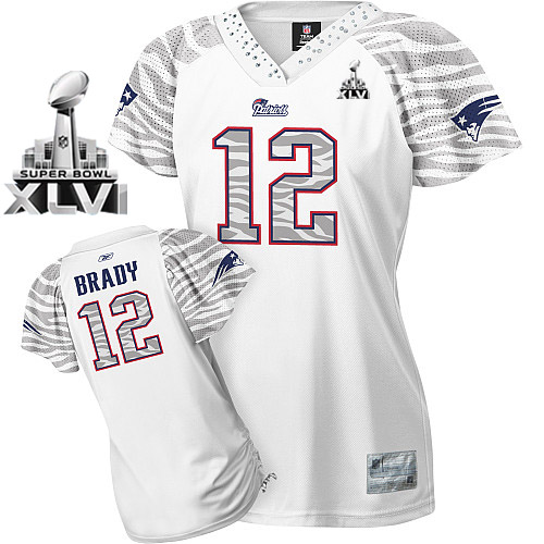 Patriots #12 Tom Brady White Women's Zebra Field Flirt Super Bowl XLVI Stitched NFL Jersey - Click Image to Close